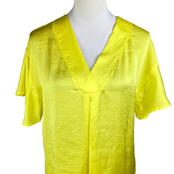 Ivy Jane Bright Neon Yellow Satin V-neck Flutter Short Sleeve Blouse - Picture 7 of 13